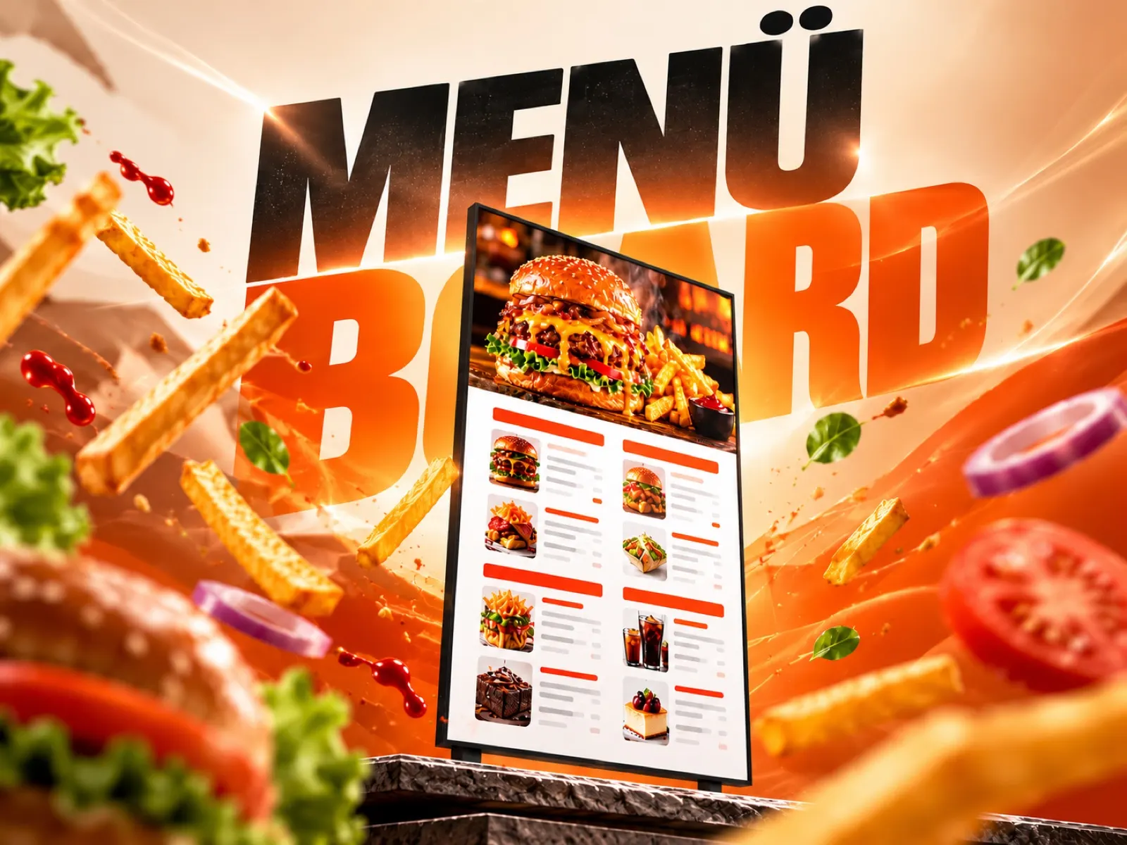 Menü board ürün tanıtım görseli: uçuşan burger ve patateslerle dijital menü ekranı